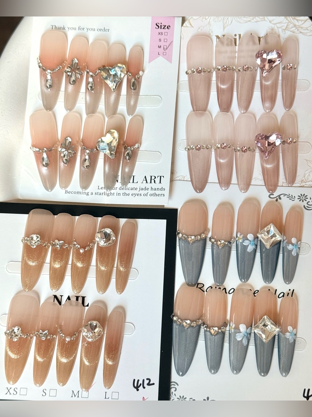 4 sets Luxury Nude and Gray Press-On Nail Set with Rhinestone Accents Size M